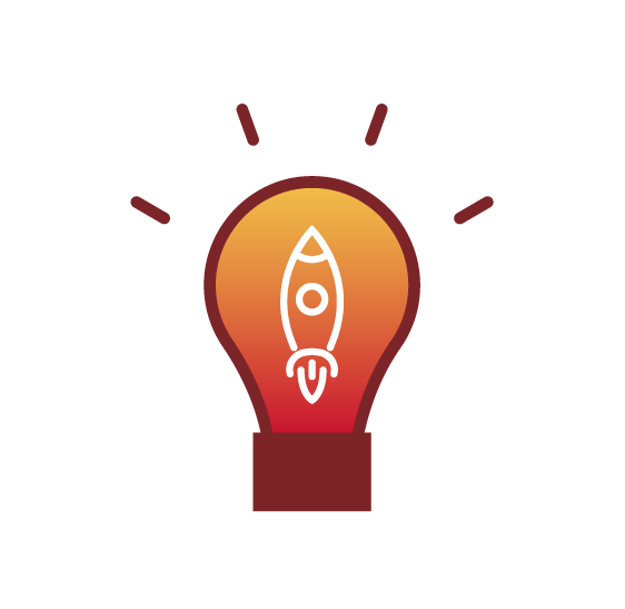 Illustrated icon of illuminated light bulb containing a rocket ship 