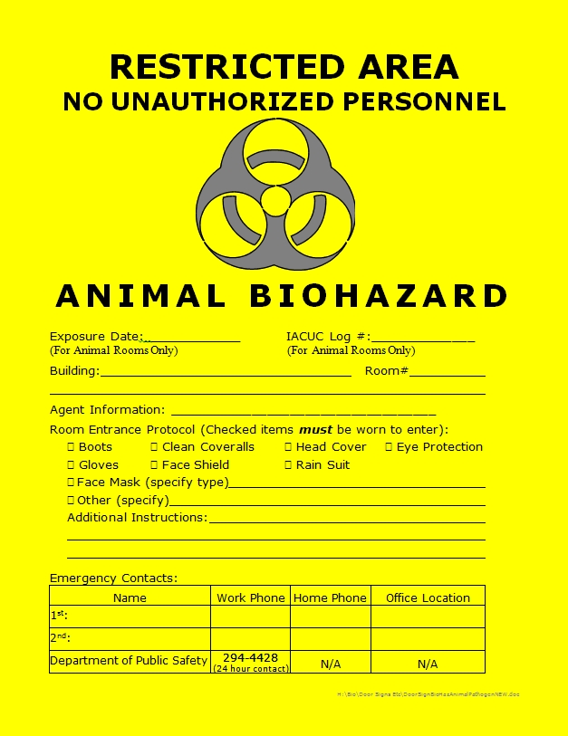 Yellow door sign for animal biohazards