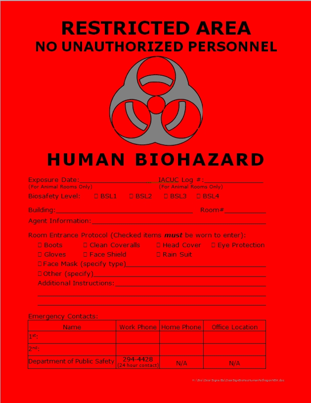 Red door sign for human biohazards