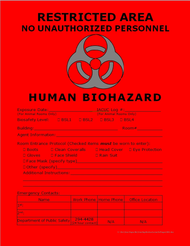 Red door sign for human biohazards