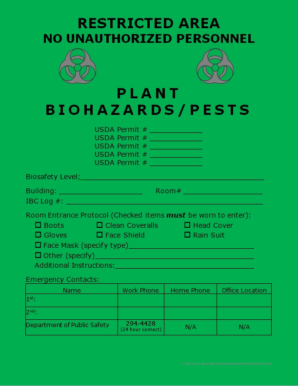 Green door sign for plant biohazards