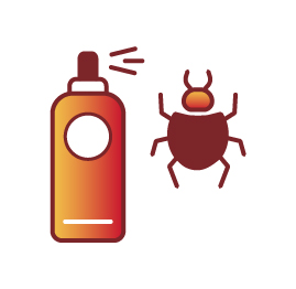 Illustrated icon of a spray can spraying liquid at a bug