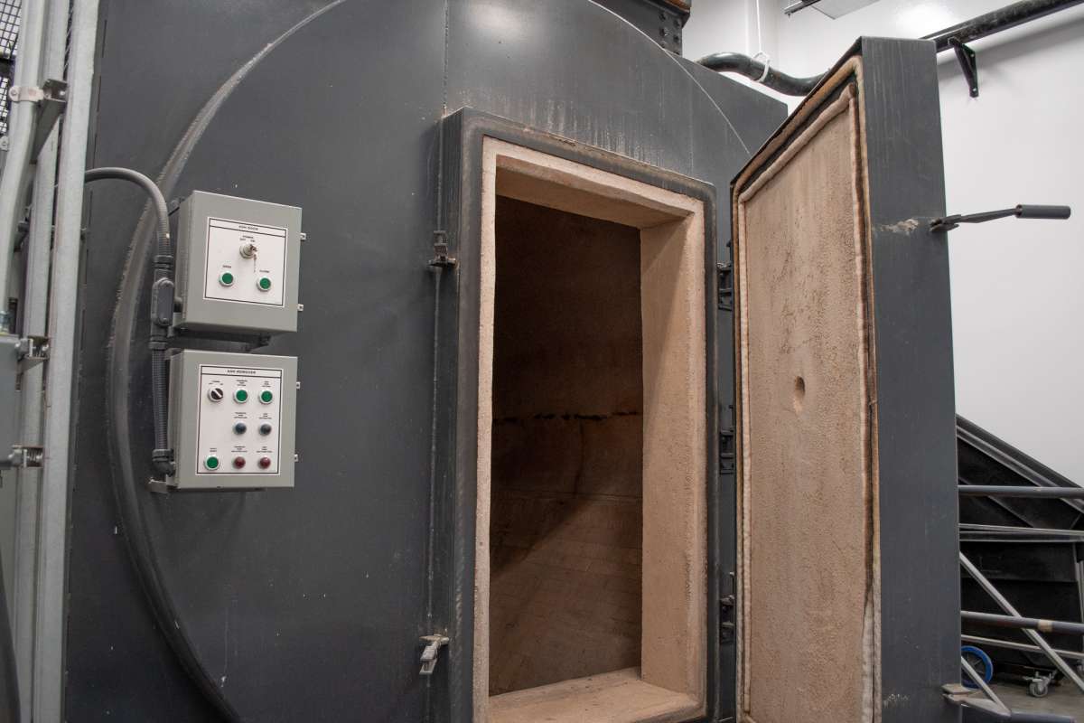 Door into the burning chamber of the Veterinary Diagnostic Laboratory incinerator.